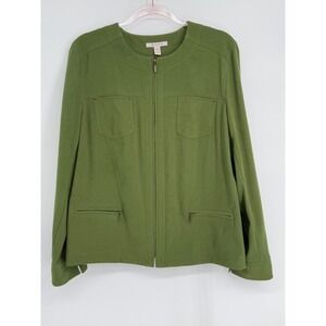 JM Collection Women's Sz 14 Green Jacket Zip Front Collarless Pockets Casual